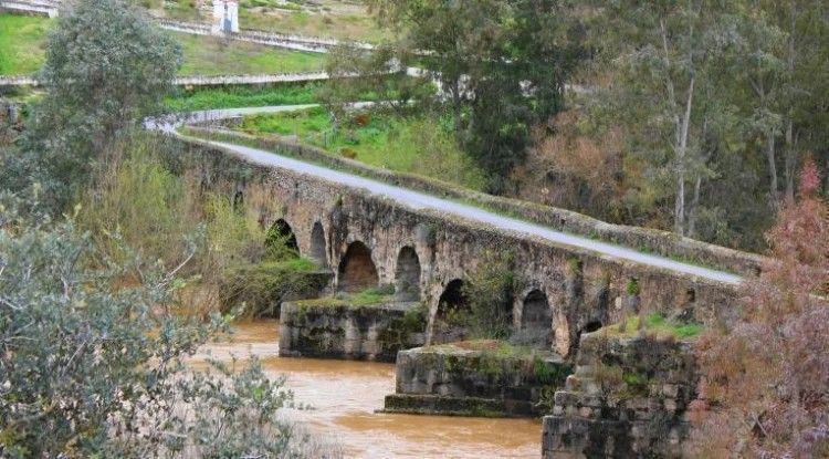 Puente de piedra sobre un río fangoso, rodeado de árboles y vegetación.