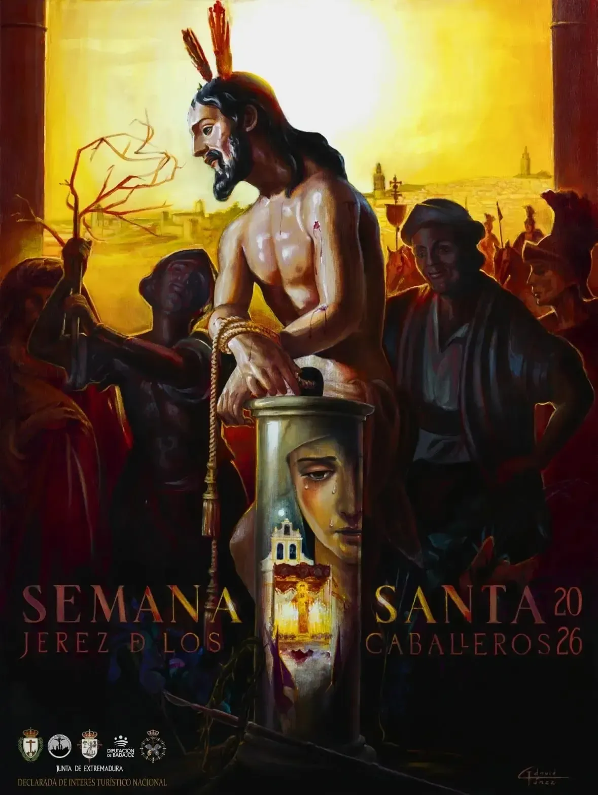 Jesús atado a un poste, con espectadores, iluminado por una cálida luz, por la Semana Santa de Jerez.