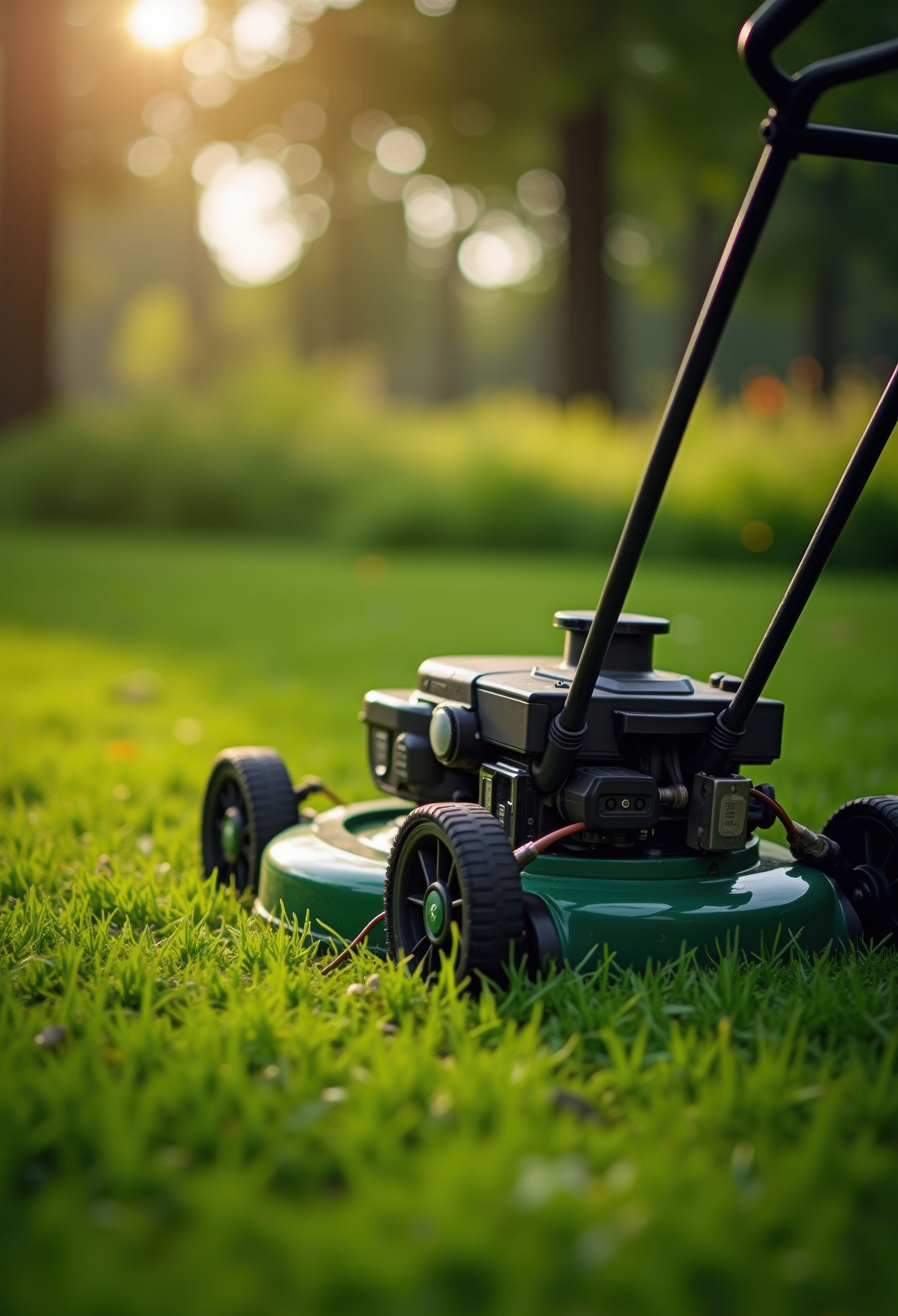 Tondeuse à gazon verte sur l'herbe dans un cadre extérieur ensoleillé.