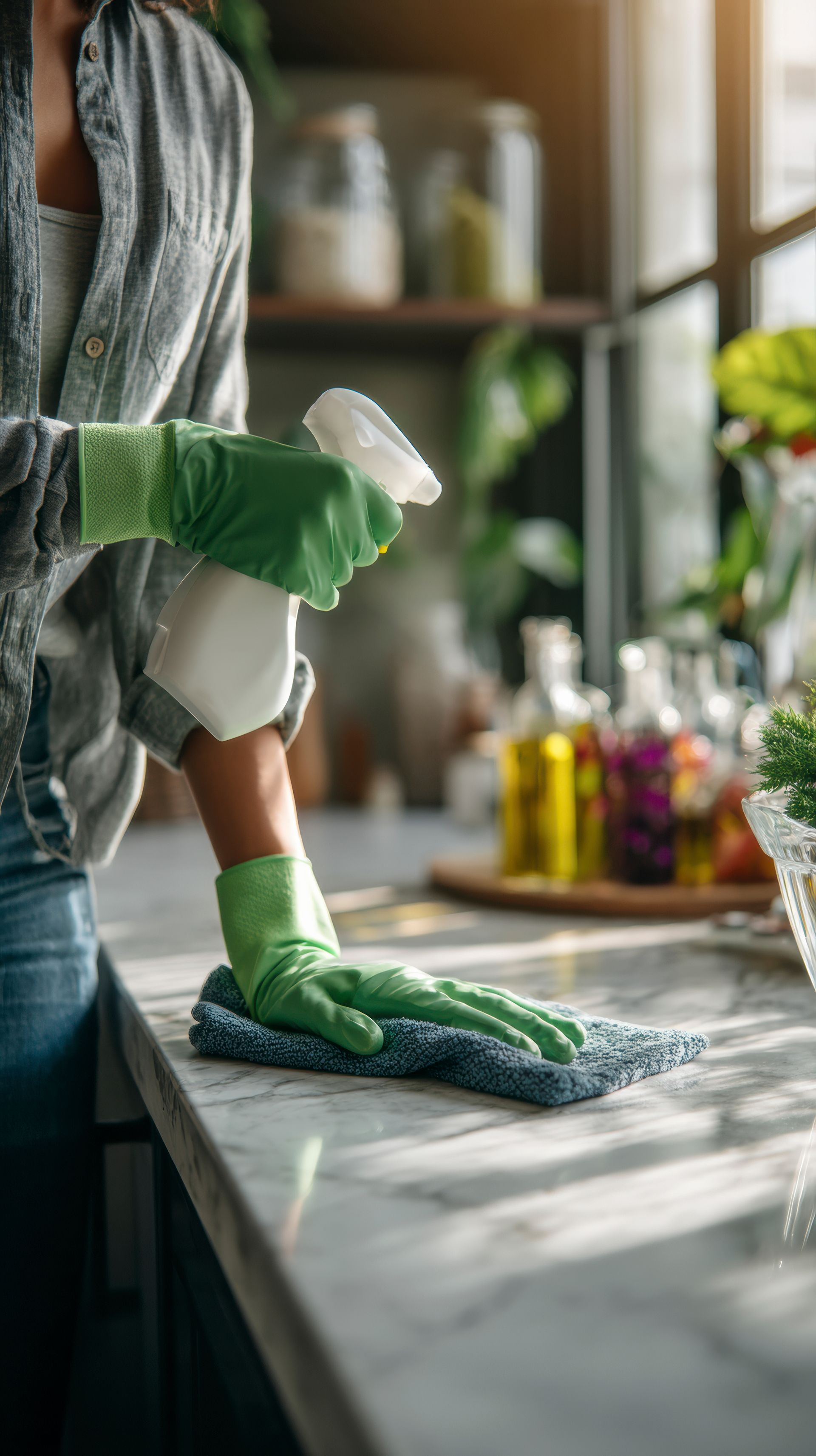Une personne portant des gants verts vaporise et essuie un plan de travail de cuisine.