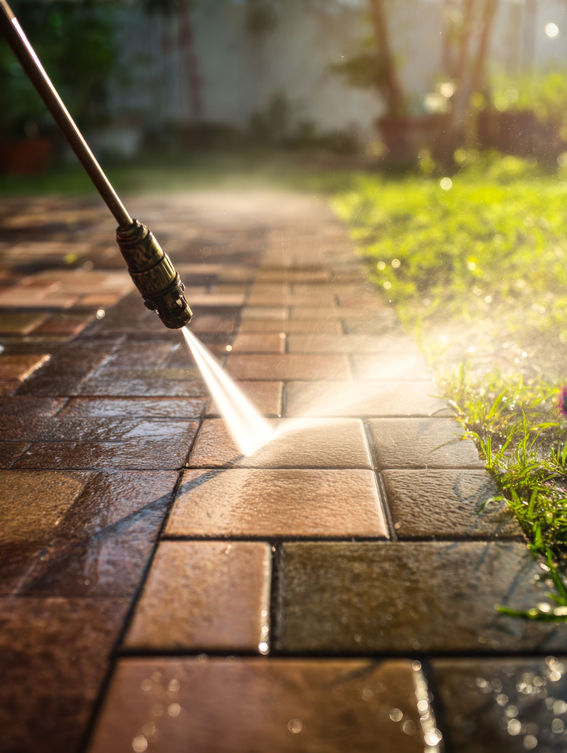 Nettoyeur haute pression pulvérisant un nettoyeur de briques pour enlever la saleté.