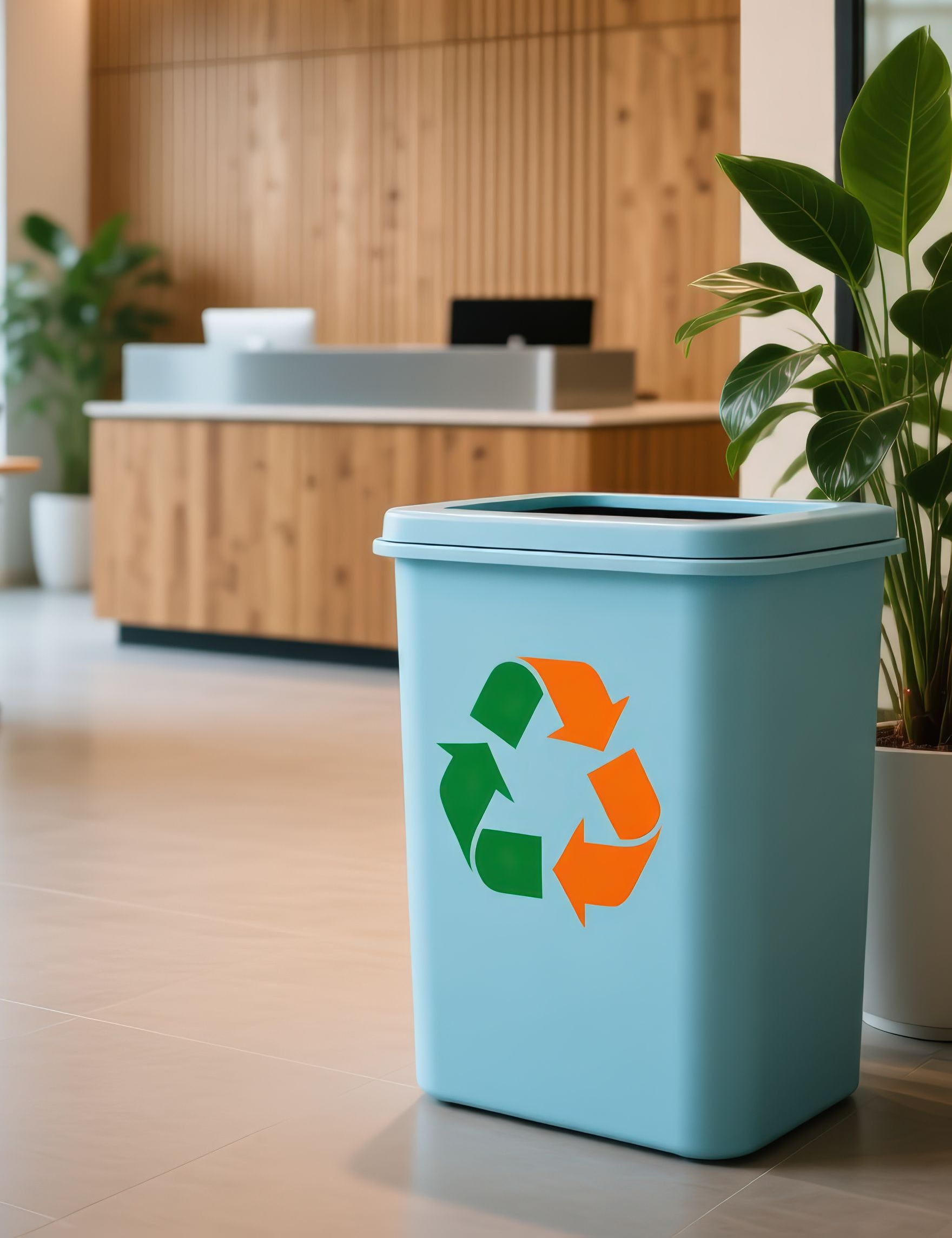 Une poubelle de recyclage bleue ornée d'un symbole vert et orange se trouve dans un hall d'entrée avec un comptoir d'accueil en bois et des plantes.