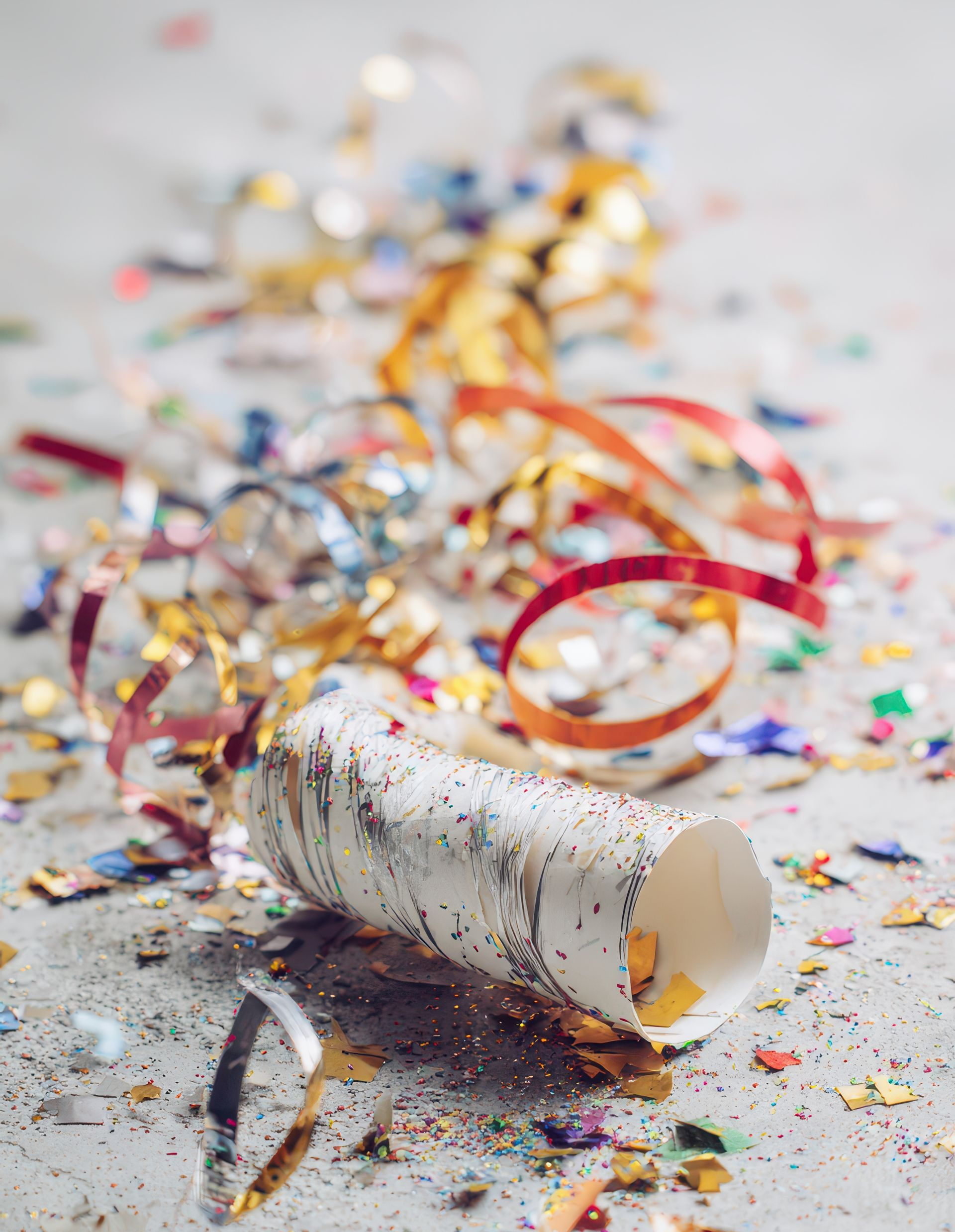 Gobelet renversé, entouré de confettis et de serpentins éparpillés sur une surface gris clair.