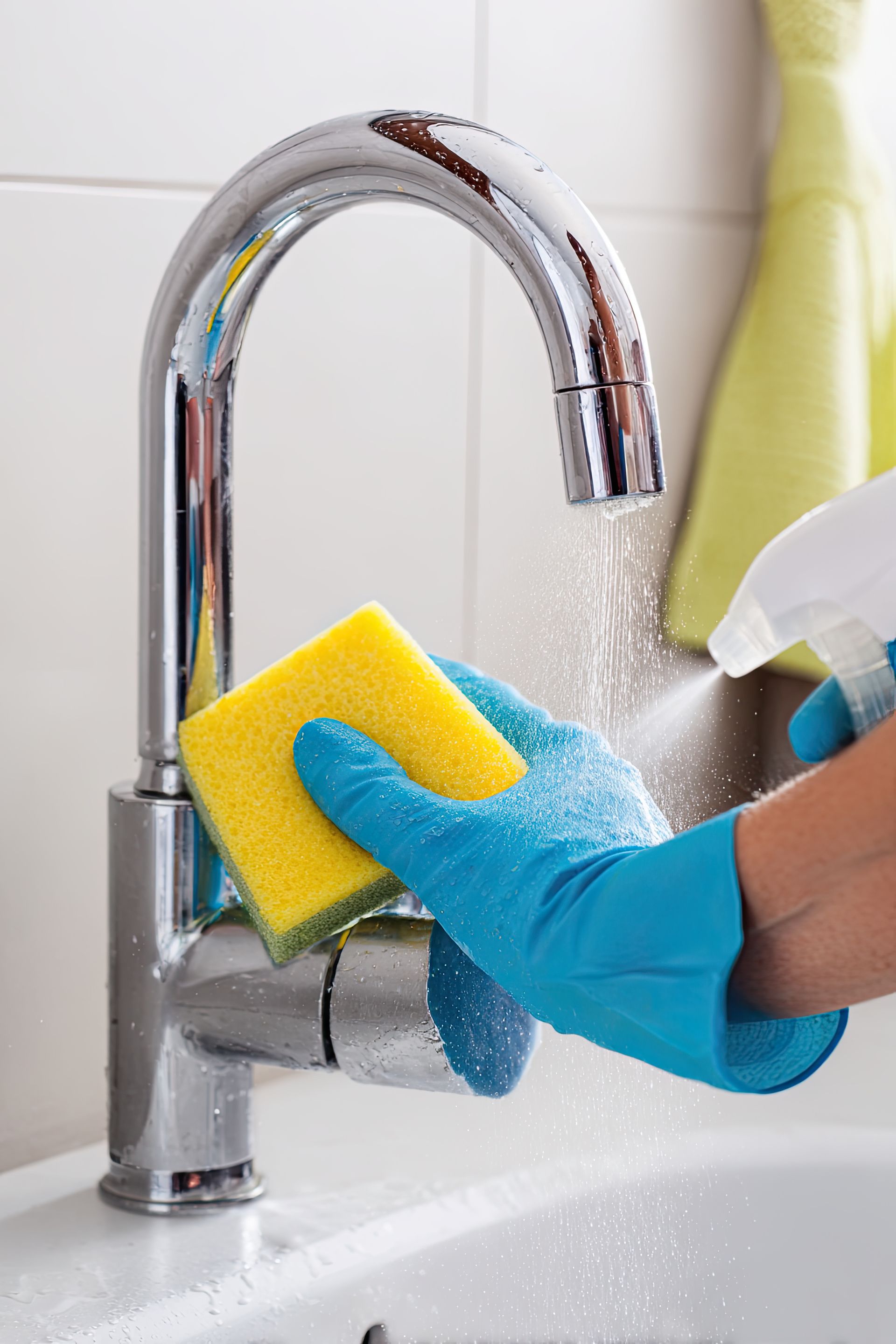 Une personne portant des gants bleus nettoie un robinet chromé avec une éponge jaune. De l'eau jaillit du robinet.