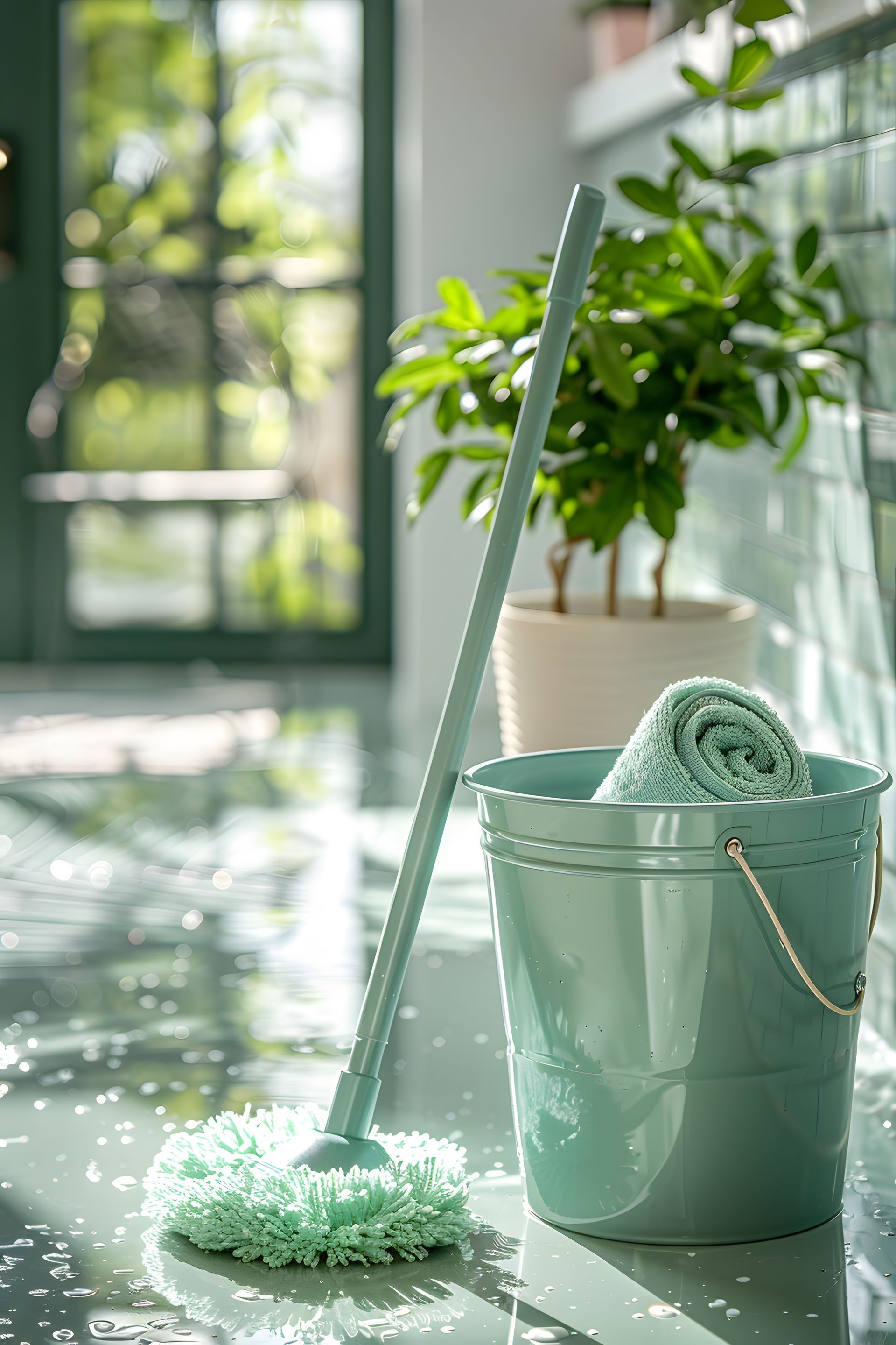 Une serpillière turquoise et un seau avec une serviette sur un sol mouillé, près d'une plante en pot et d'une porte.