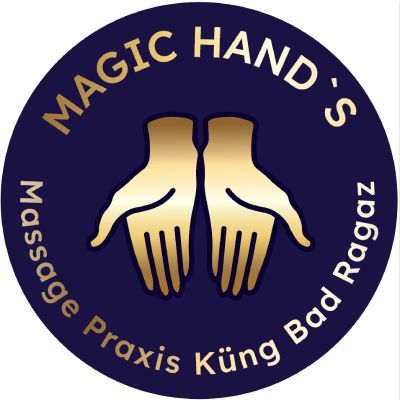 Das Logo von MAGIC HAND zeigt zwei stilisierte Hände und den Schriftzug „Massage Praxis Küng Bad Ragaz“