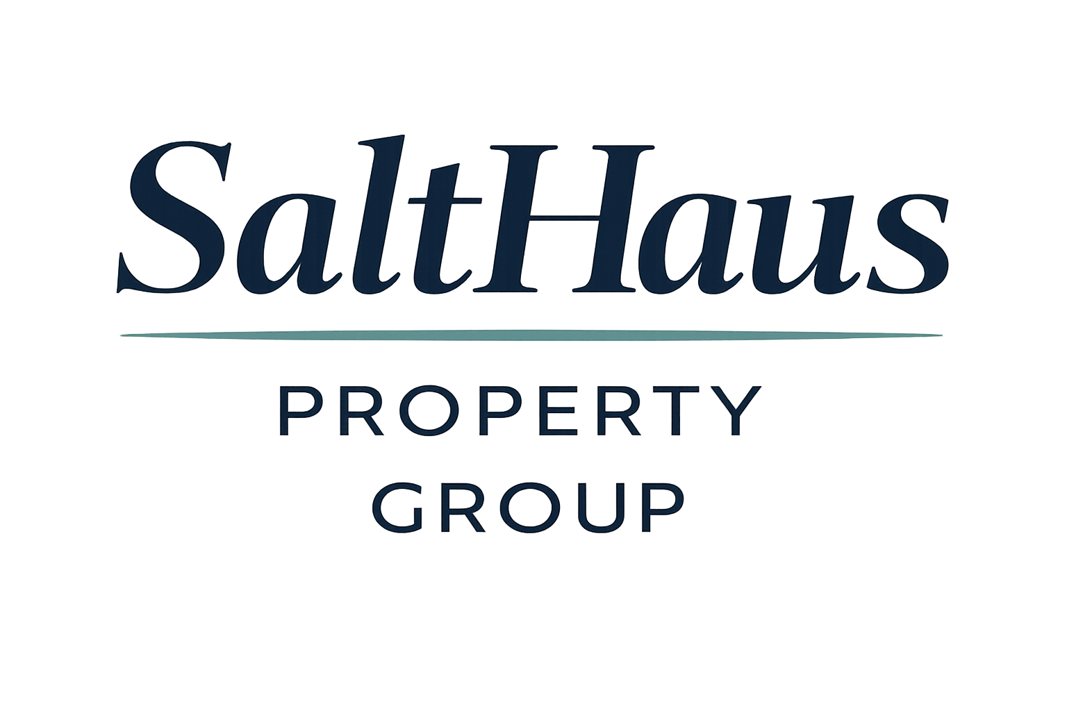 Logo for SaltHaus Property Group in dark blue text with a horizontal line separating the name from the description.
