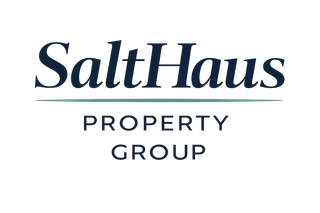 Logo for SaltHaus Property Group in dark blue text with a horizontal line separating the name from the description.