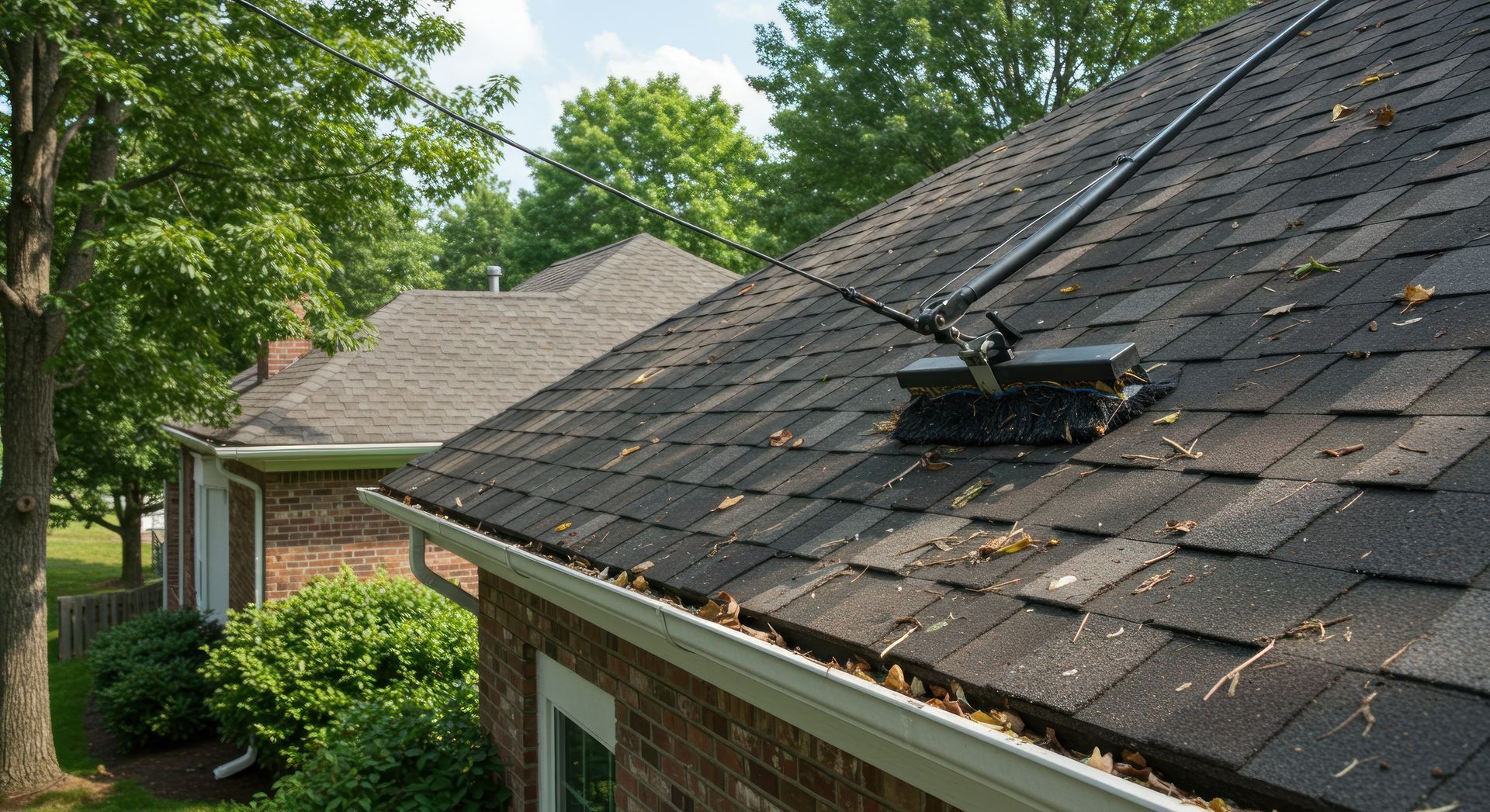 une brosse nettoyant une toiture.