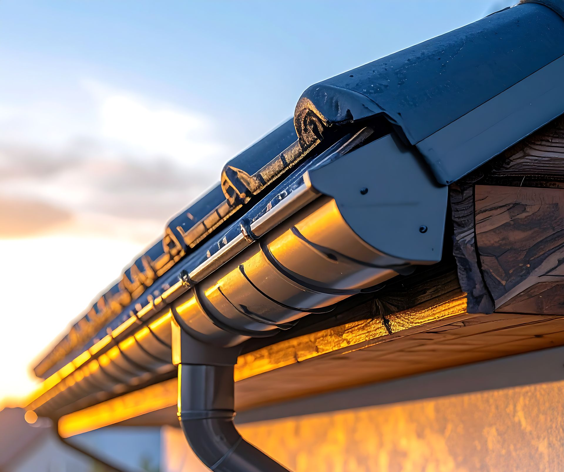 Gouttière noire le long du bord du toit avec descente pluviale.