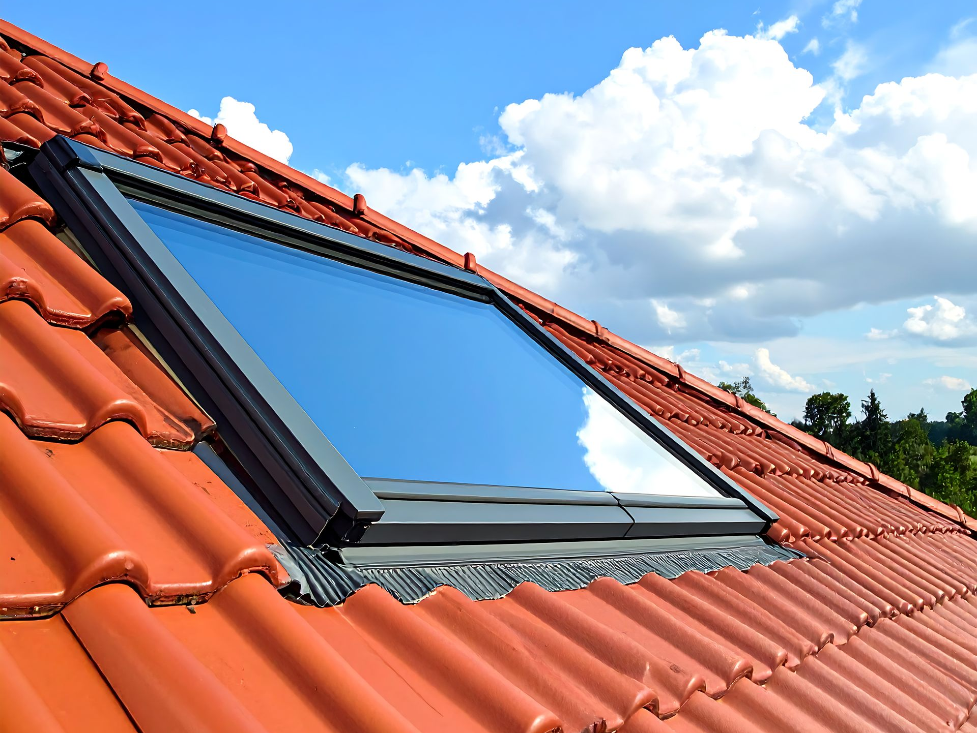 Puits de lumière dans un toit de tuiles rouges, laissant apparaître un ciel d'un bleu éclatant.