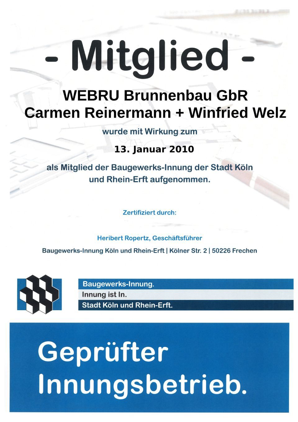 Eine Bescheinigung mit der Aufschrift „Mitglied“