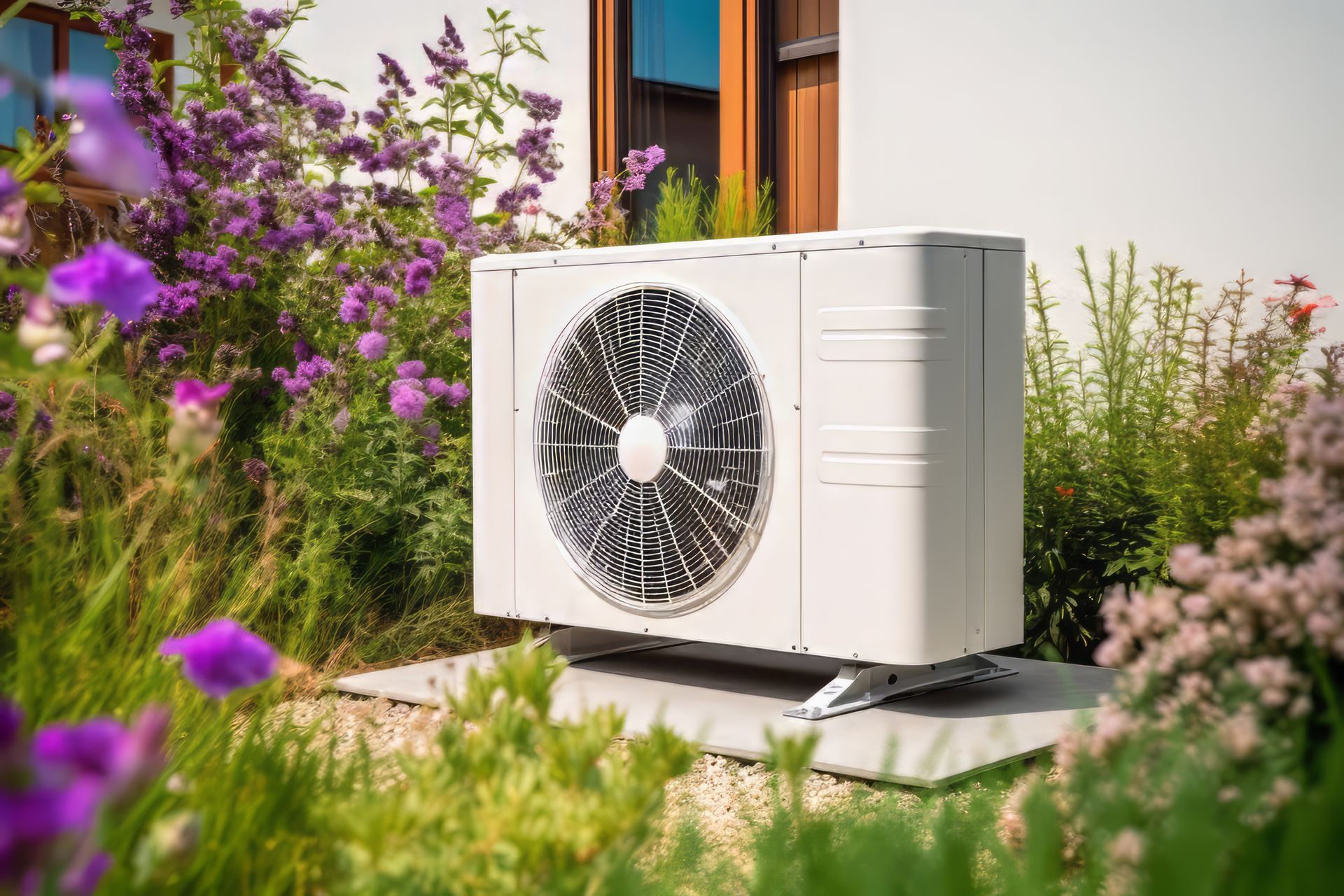 Une pompe à chaleur avec des fleurs à côté