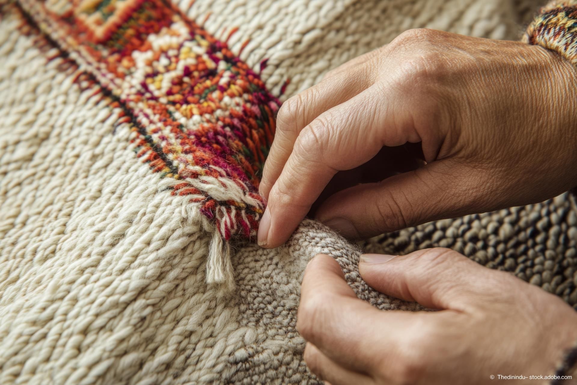 Eine Frau flickt ein Loch in einem Teppich