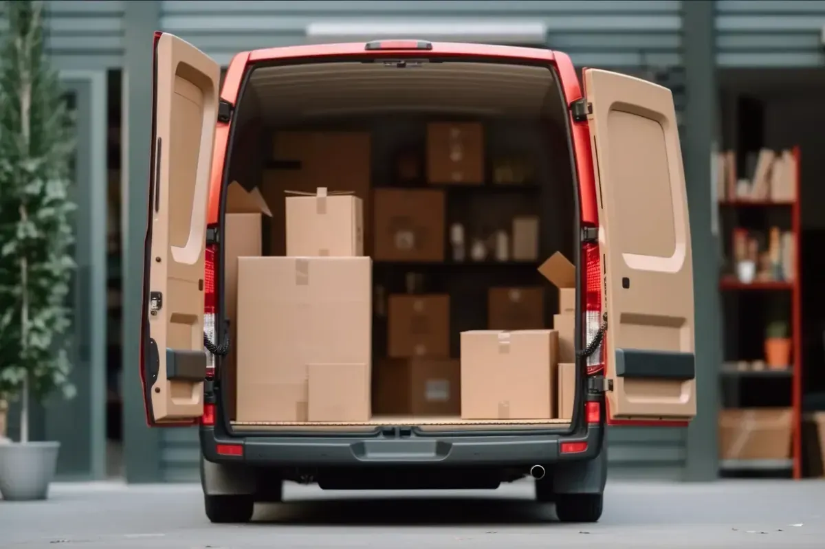 Vista trasera de una furgoneta de reparto con las puertas abiertas, mostrando cajas de cartón apiladas en su interior.