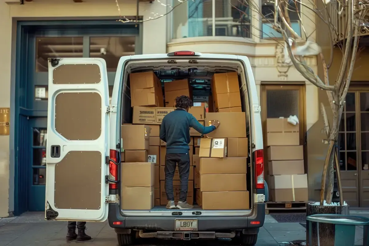Una persona se encuentra dentro de una furgoneta llena de cajas de cartón, organizando o cargando paquetes.
