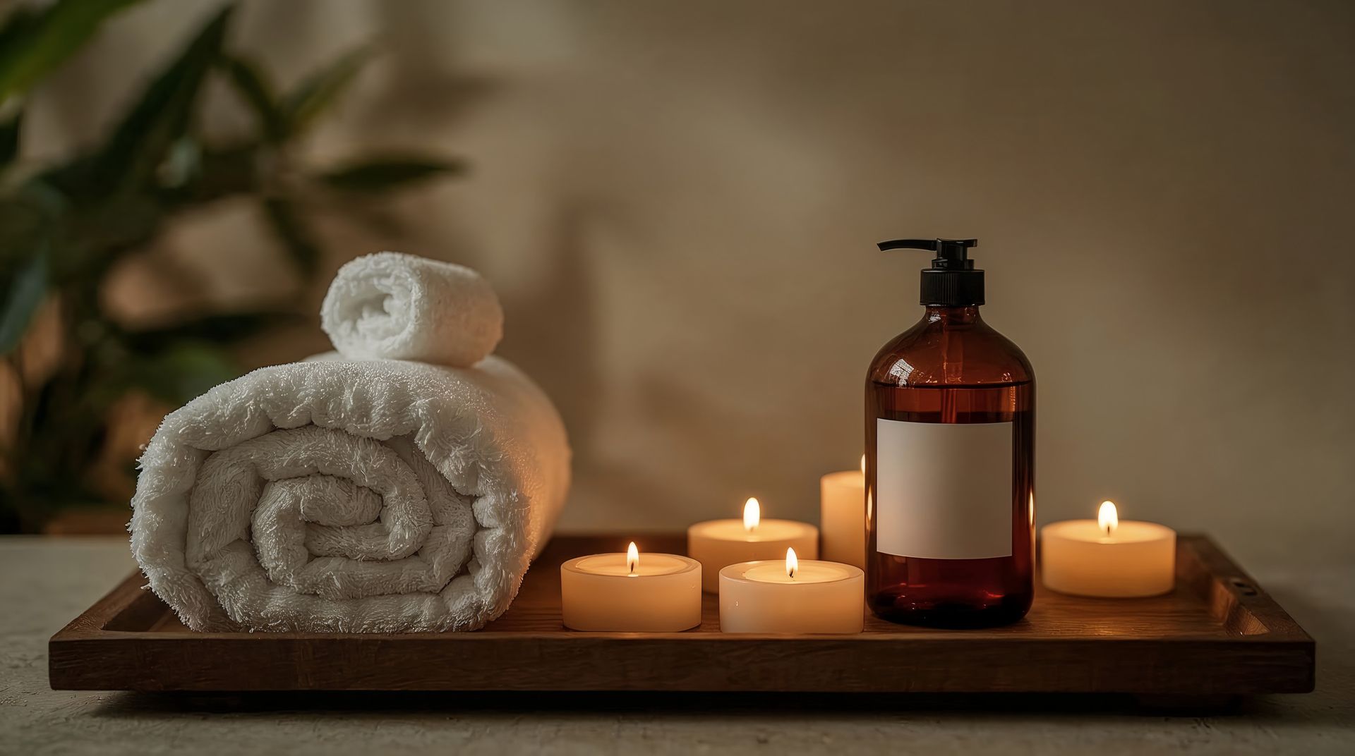 Toallas blancas enrolladas, botella de loción y velas encendidas en una bandeja de madera para tratamiento de spa.
