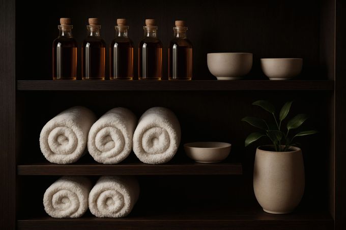 Estantes de madera oscura que contienen botellas de aceite