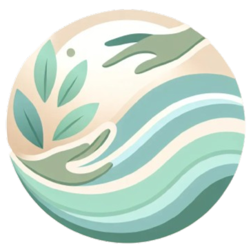 Manos que se extienden hacia las hojas y las ondas de agua en un c&iacute;rculo, en suaves colores verde y beige.