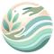 Manos que se extienden hacia las hojas y las ondas de agua en un círculo, en suaves colores verde y beige.