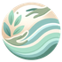 Manos que se extienden hacia las hojas y las ondas de agua en un círculo, en suaves colores verde y beige.