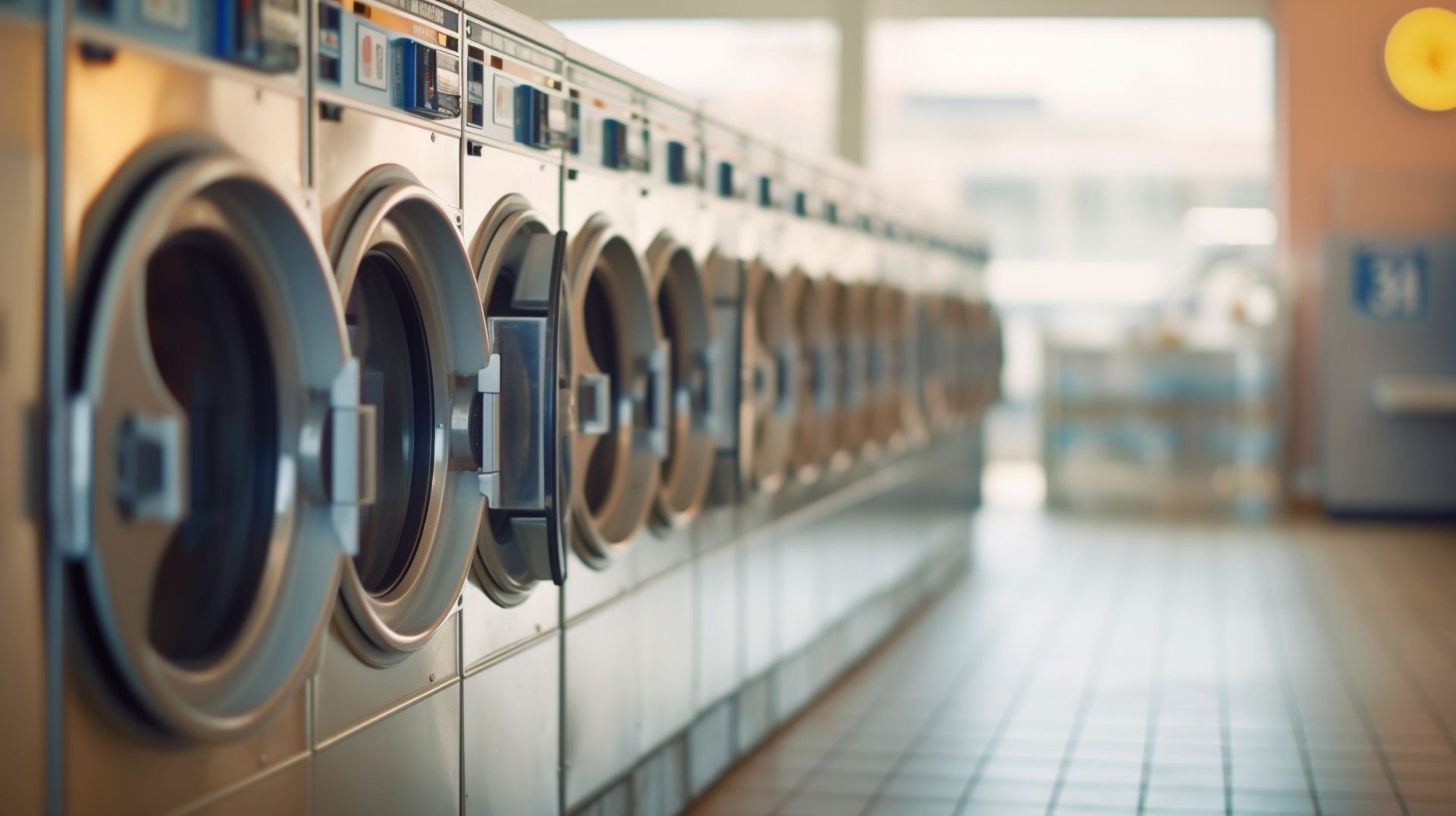 Una fila de lavadoras en una lavandería.