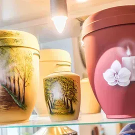 Auf einem Regal sind Urnen in verschiedenen Farben und Ausführungen ausgestellt.