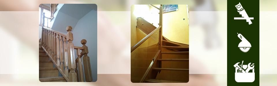 Dos escaleras de madera y iconos de herramientas de carpintería sobre un fondo verde.