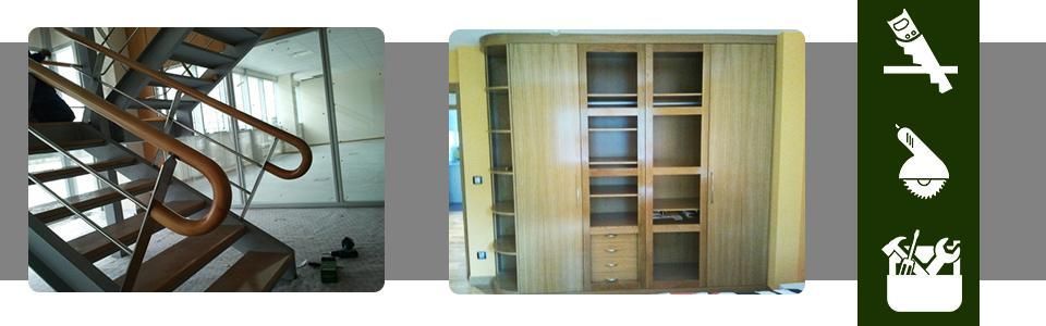 Escalera y armario de madera. Iconos de carpintería en el lateral.