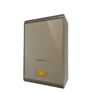 Una caja gris con una pantalla digital sobre un fondo blanco.