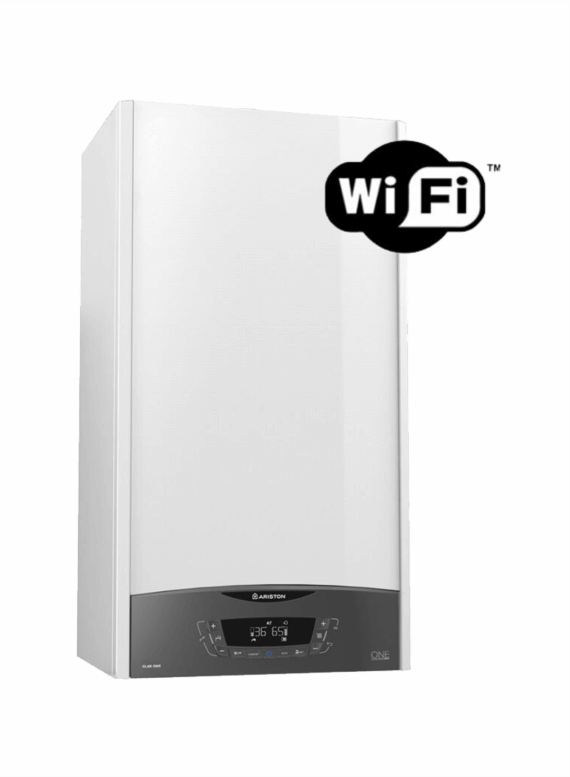 Una caldera blanca con un logotipo de wifi.