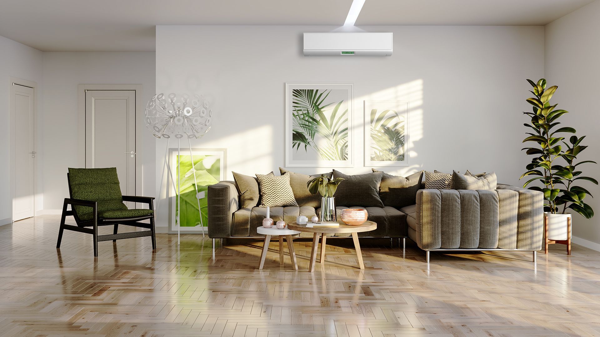 Una sala de estar con sofá, silla, mesa de café y aire acondicionado.
