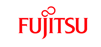 El logotipo de Fujitsu es rojo y blanco sobre un fondo blanco.