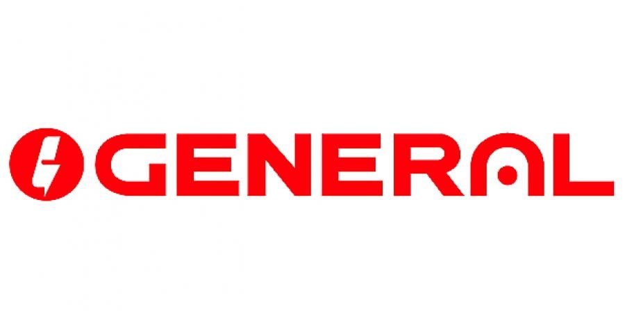 Un logotipo general rojo y blanco sobre un fondo blanco.