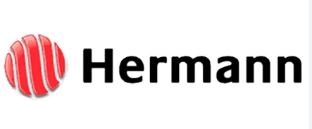 Un logotipo de Hermann con una bola roja sobre un fondo blanco.