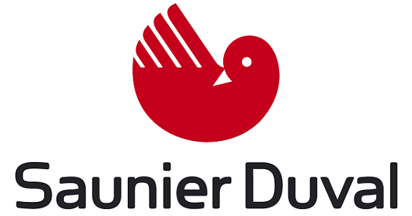 Un logotipo de Saunier Duval con un pájaro rojo sobre un fondo blanco.