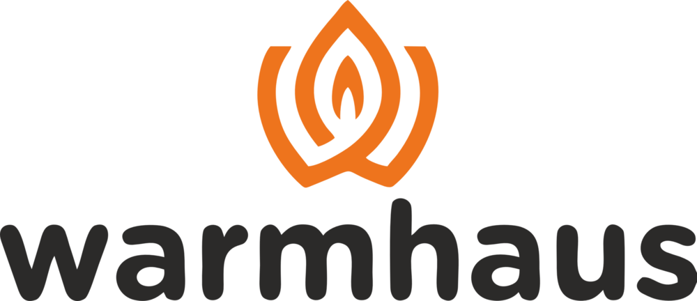 Un logotipo para Warmhaus con una flor naranja y una llama.