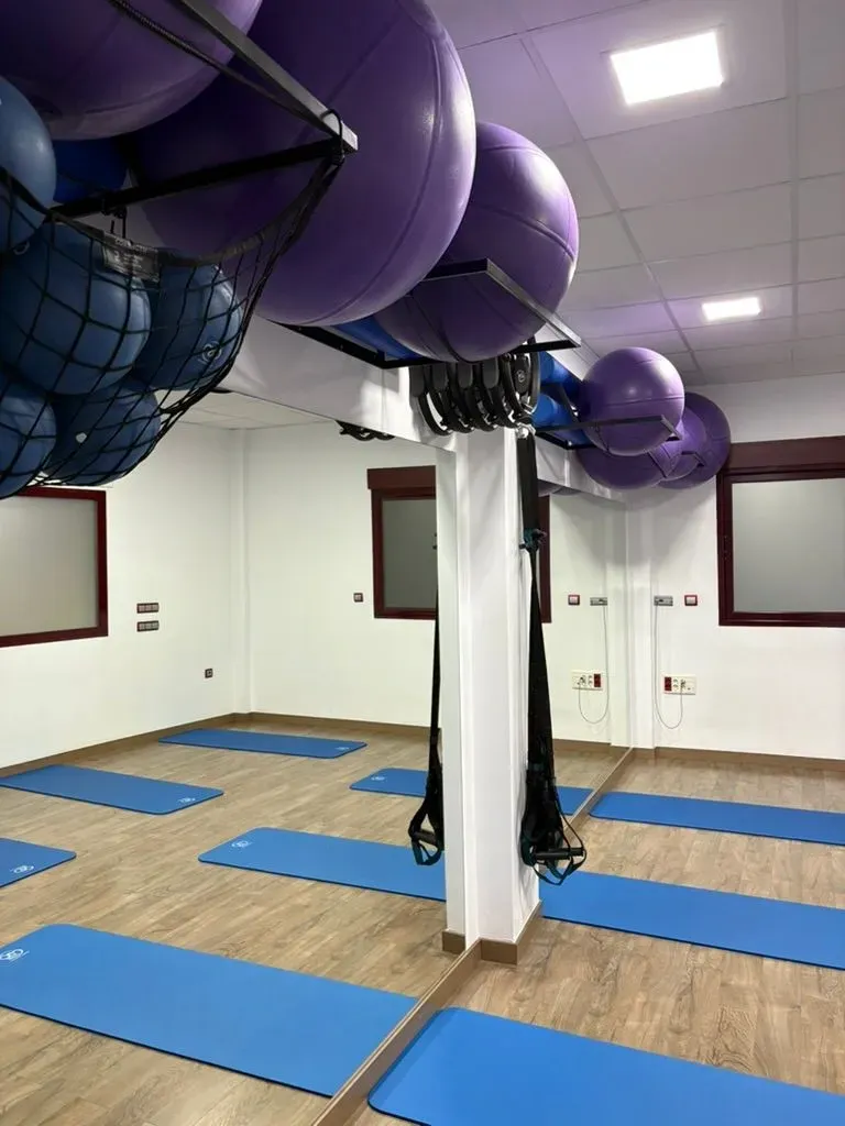 Interior de gimnasio con colchonetas de yoga azules en el suelo. Pelotas de ejercicio moradas y azules en el techo.