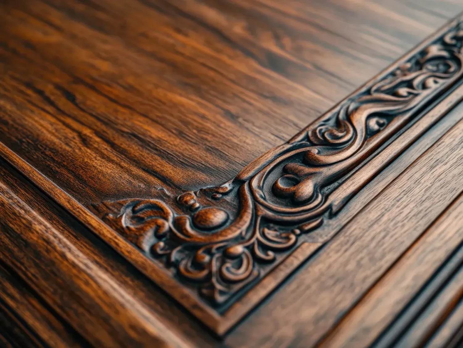 Primer plano de una esquina de madera tallada y adornada, que muestra volutas detalladas sobre una veta de madera oscura.