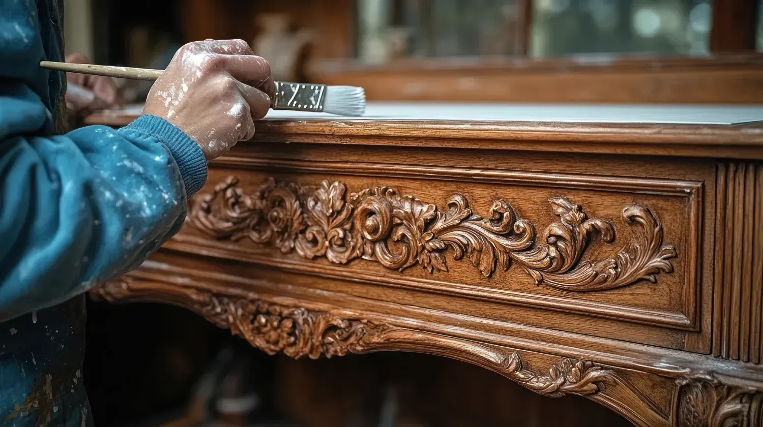 Persona pintando con pintura blanca un gabinete de madera tallada.