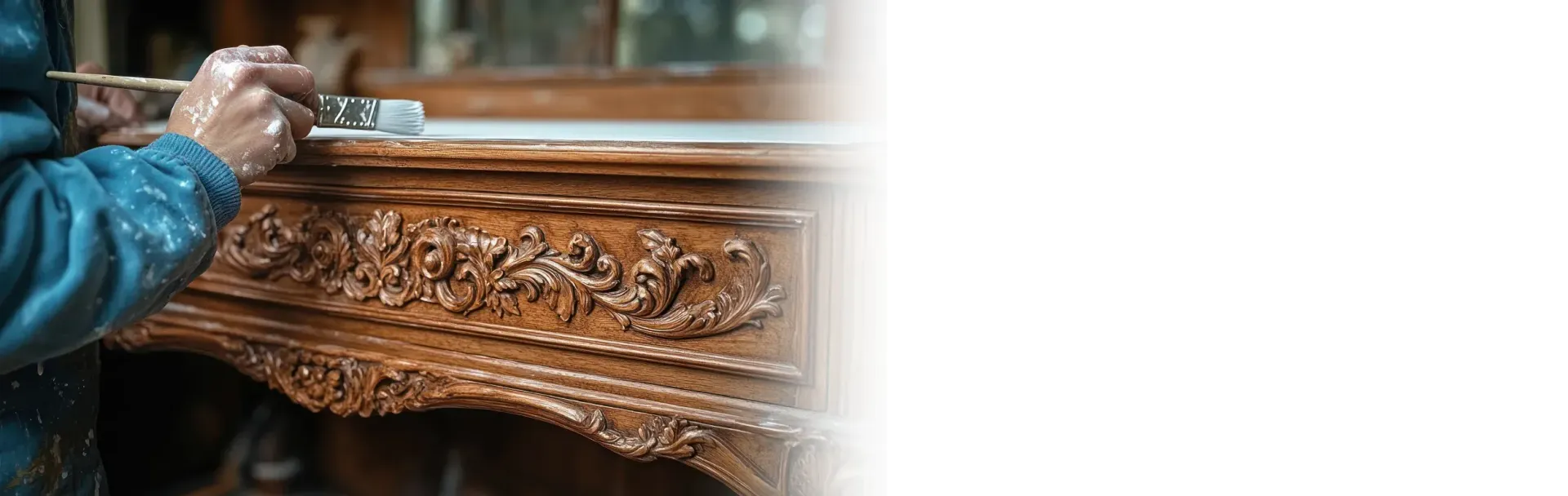 Persona que utiliza un pincel para aplicar un acabado a un mueble de madera tallada.
