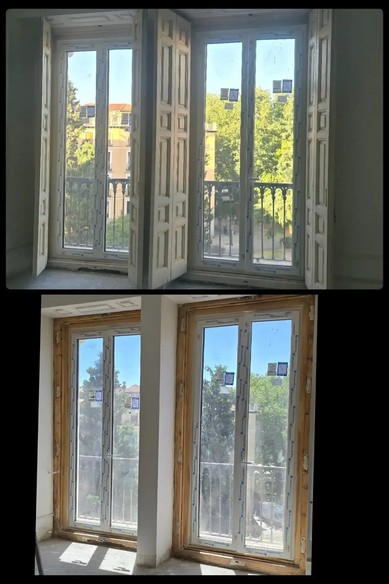 Antes y después de puertas de madera intrincadamente talladas; restauradas y teñidas, mostrando una apariencia mejorada.