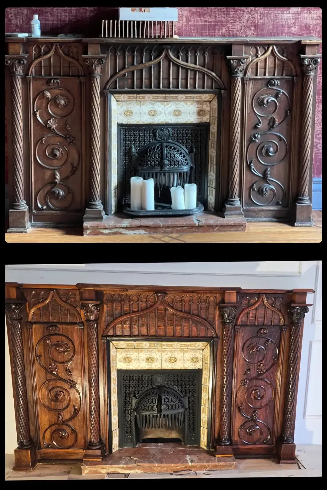 Antes y después de puertas dobles de madera, restauradas de marrón oscuro a un marrón más claro y cálido.