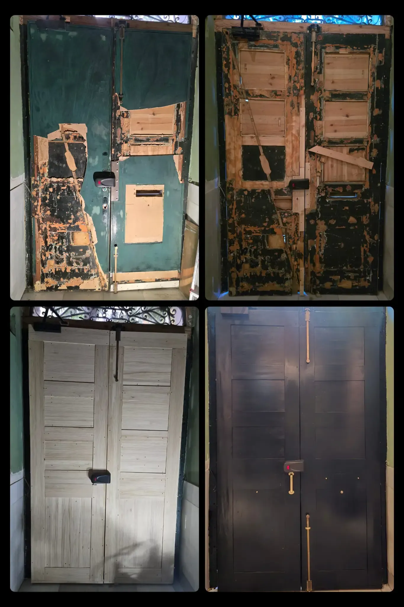 Cuatro puertas en mal estado: arriba a la izquierda, con restos verdes descascarados;