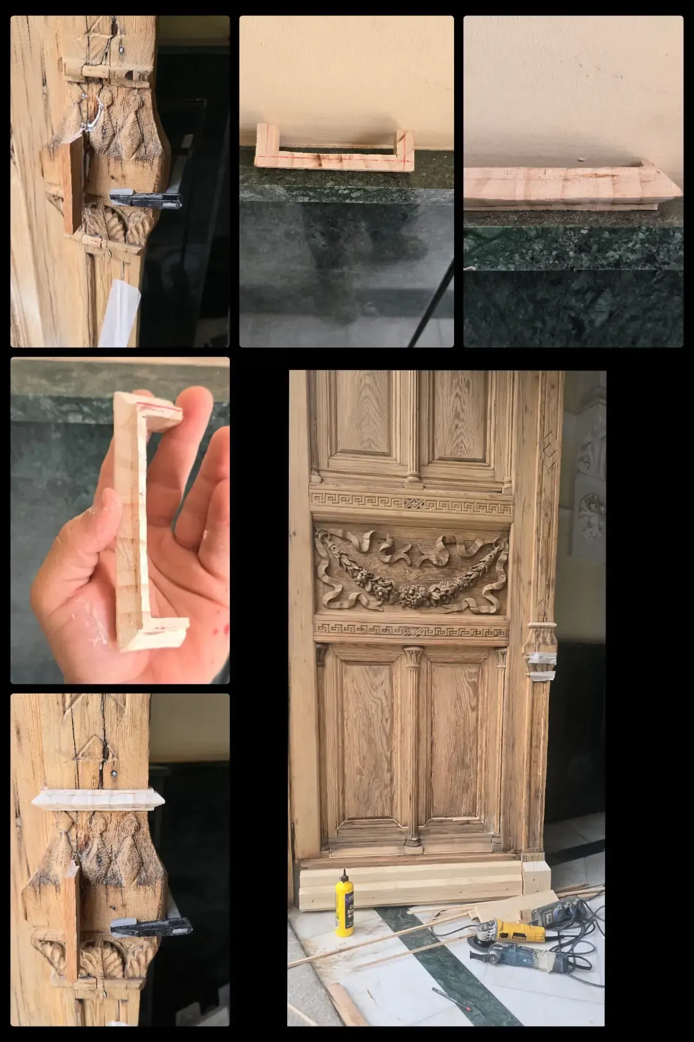 Carpintería: Madera dañada reparada con piezas nuevas, cerca de una puerta de madera intrincadamente tallada.