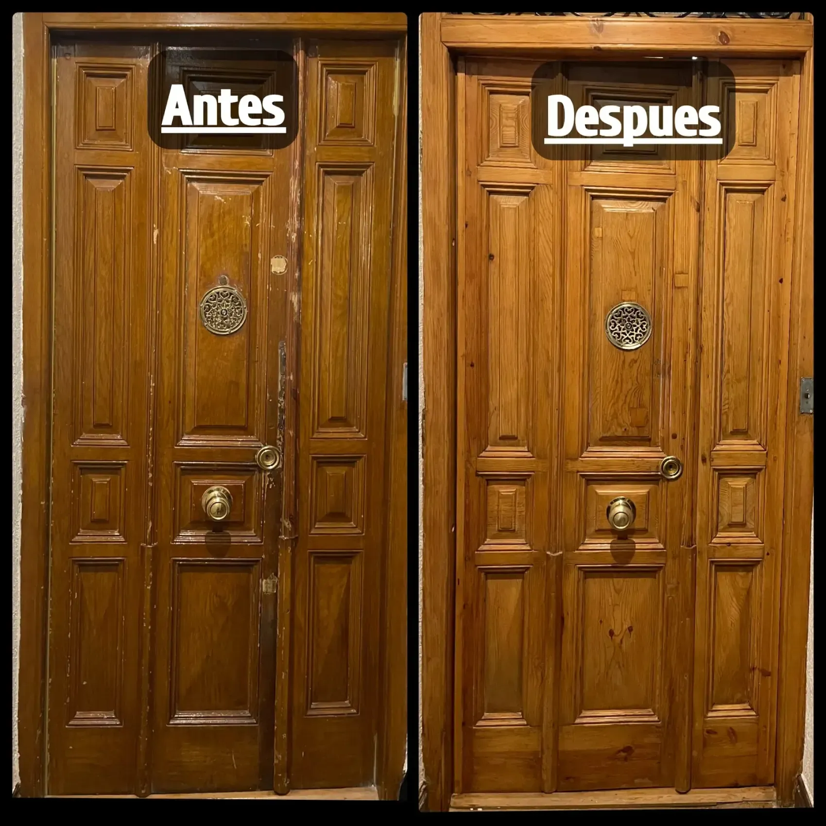 Foto del antes y el después de una puerta de madera. El lado izquierdo presenta daños, el derecho está restaurado.
