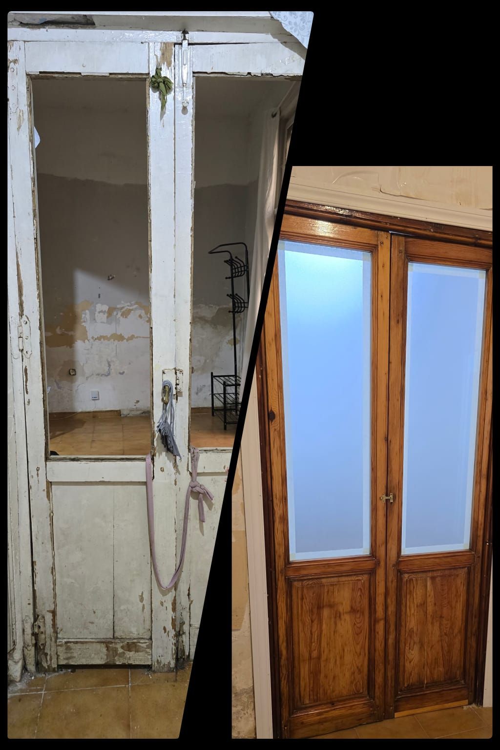 Dos puertas de madera. Una blanca y desgastada, la otra teñida de marrón con paneles de vidrio esmerilado.