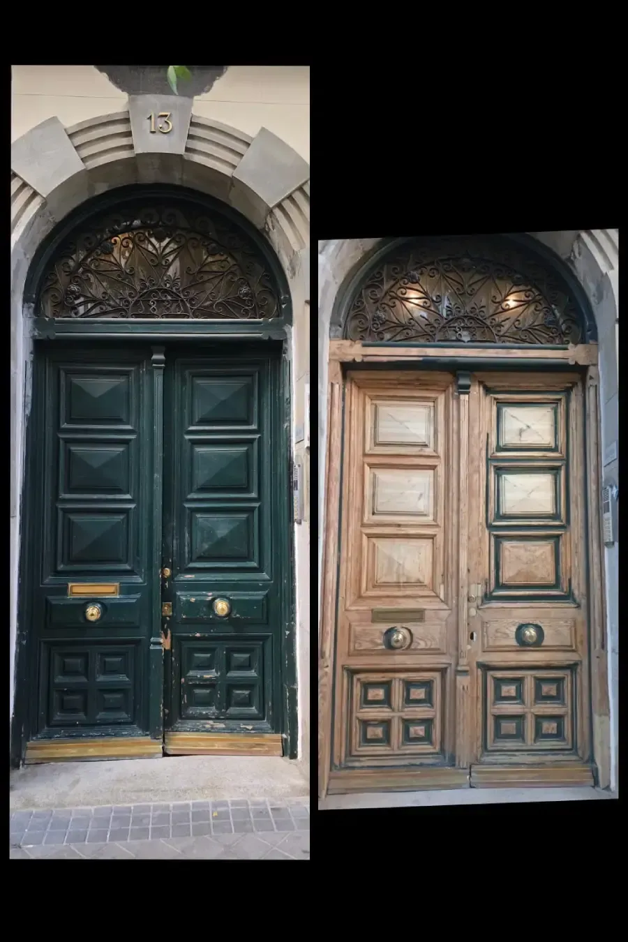 Dos puertas de madera ornamentadas, una pintada de verde