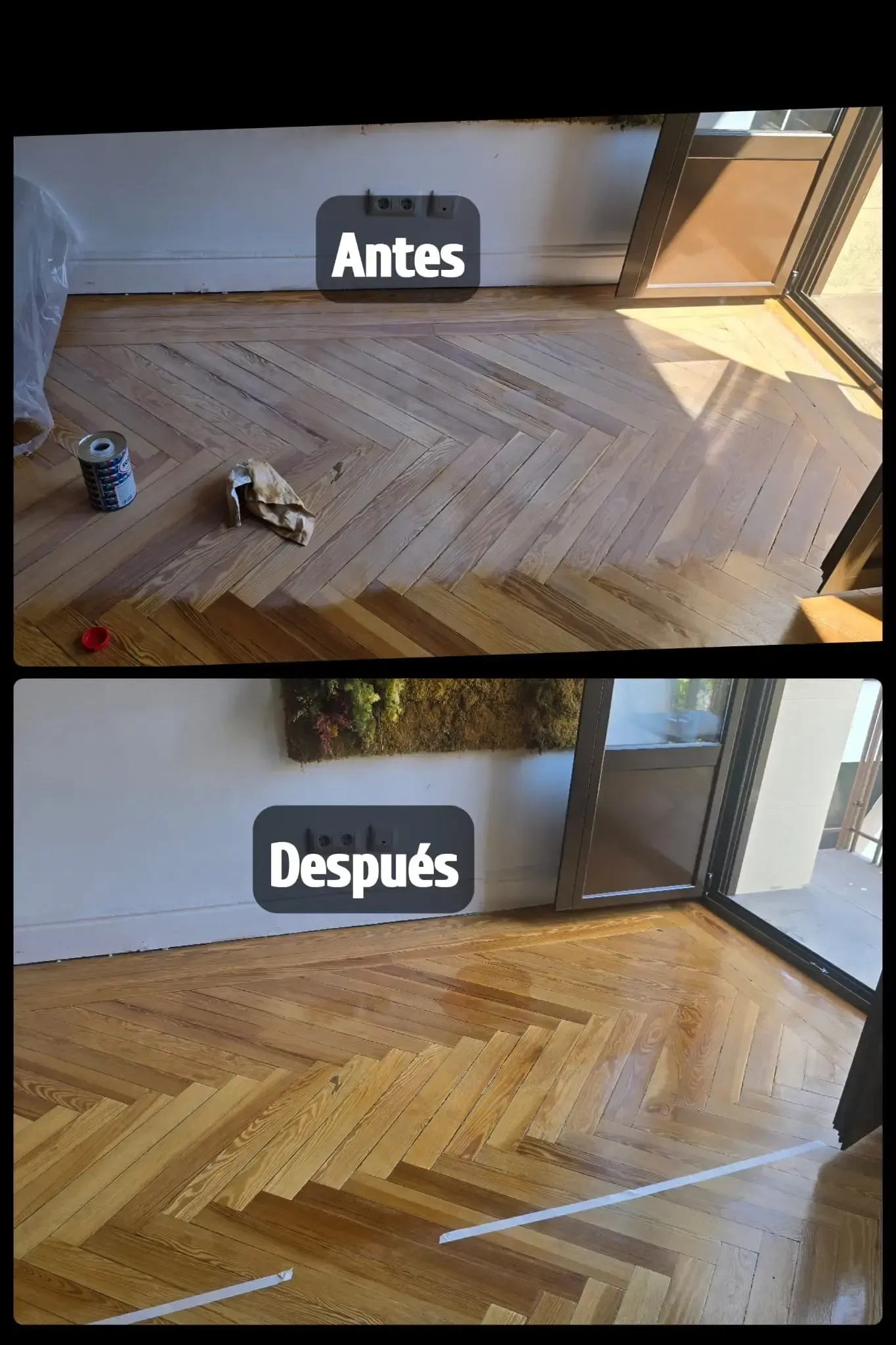Foto del antes y el después de una puerta de madera. El lado izquierdo presenta daños, el derecho está restaurado.