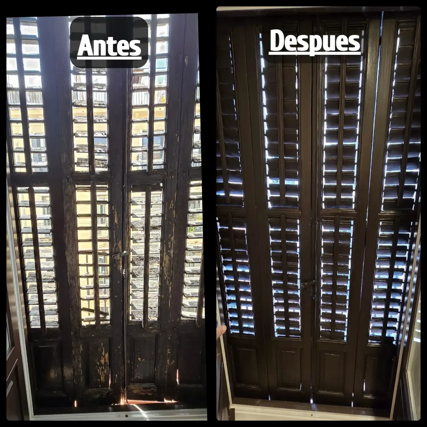 Foto del antes y el después de una puerta de madera. El lado izquierdo presenta daños, el derecho está restaurado.